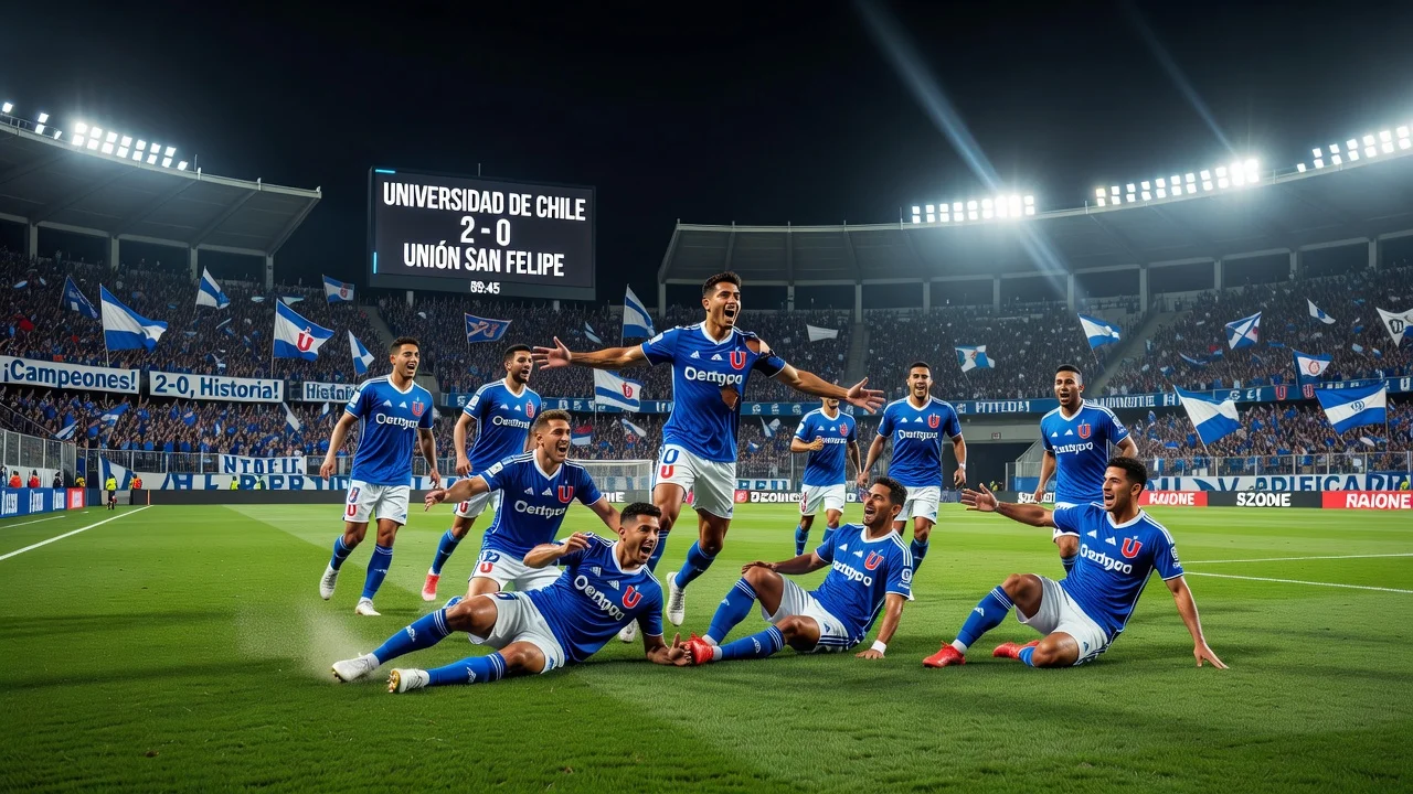 Universidad de Chile players celebrating their 2-0 win over Unión San Felipe at Estadio Nacional.
