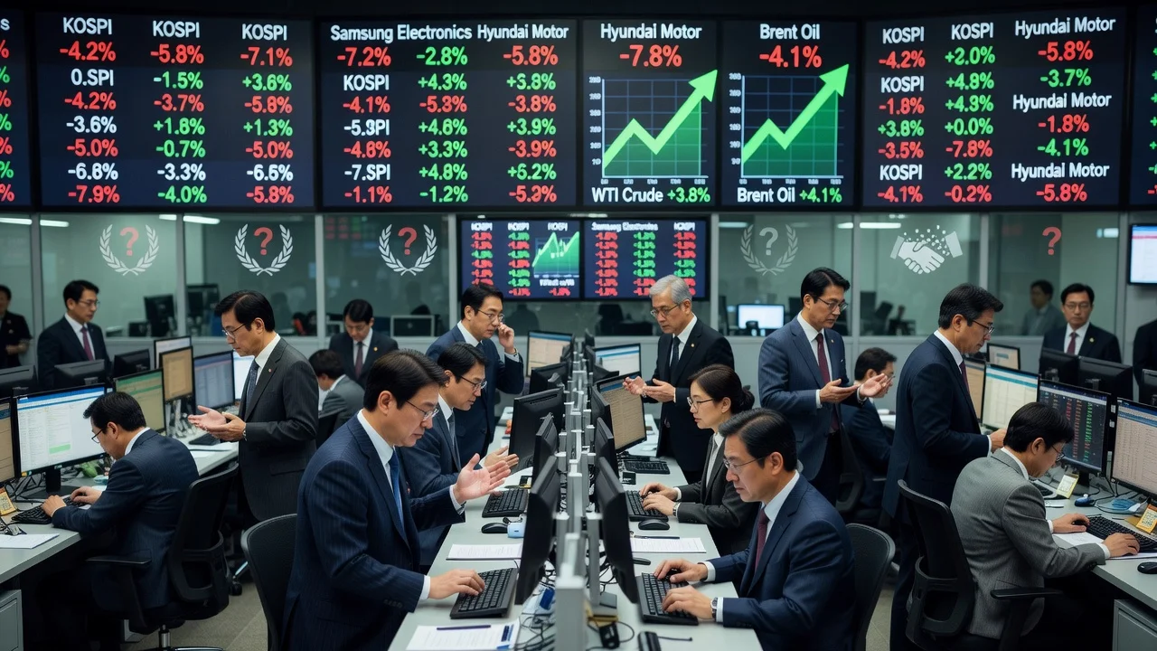 Illustration of Seoul stocks declining amid Iran ceasefire uncertainty and rising oil prices.
