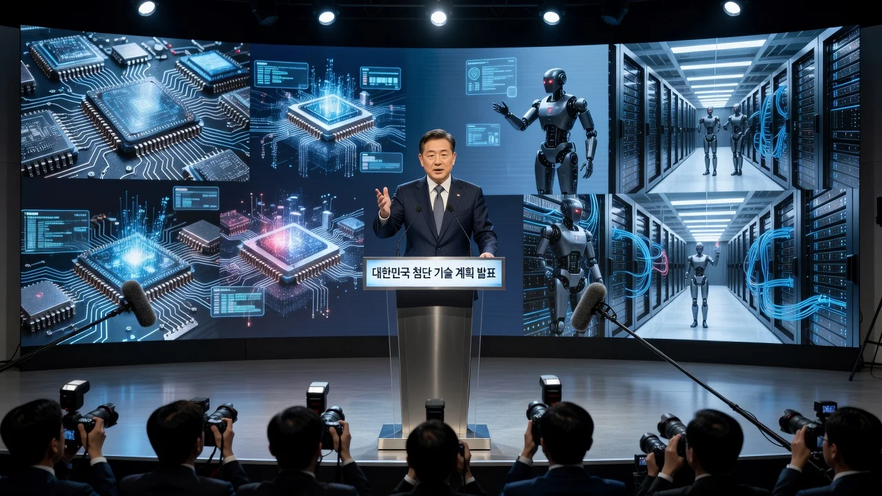 President Lee Jae Myung announcing semiconductor and AI investment plans at a podium with tech visuals in the background.
