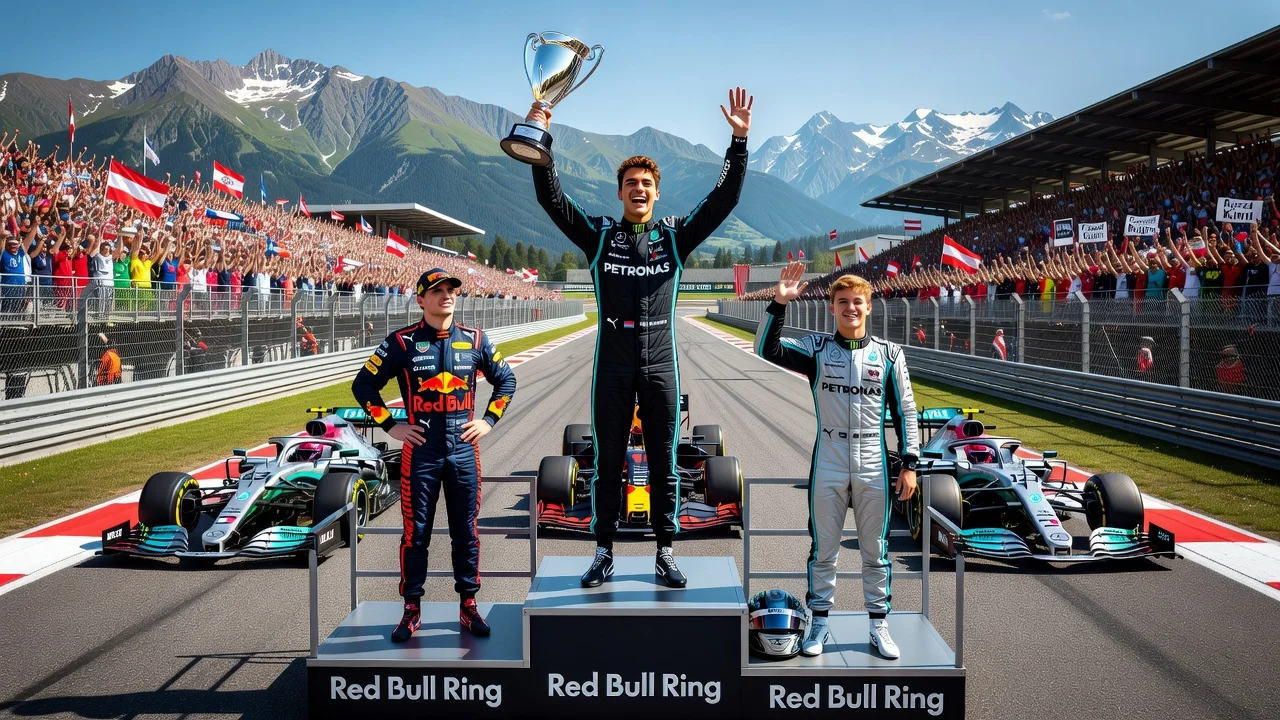 George Russell on the podium celebrating his Austrian Grand Prix win, with Verstappen and Antonelli.