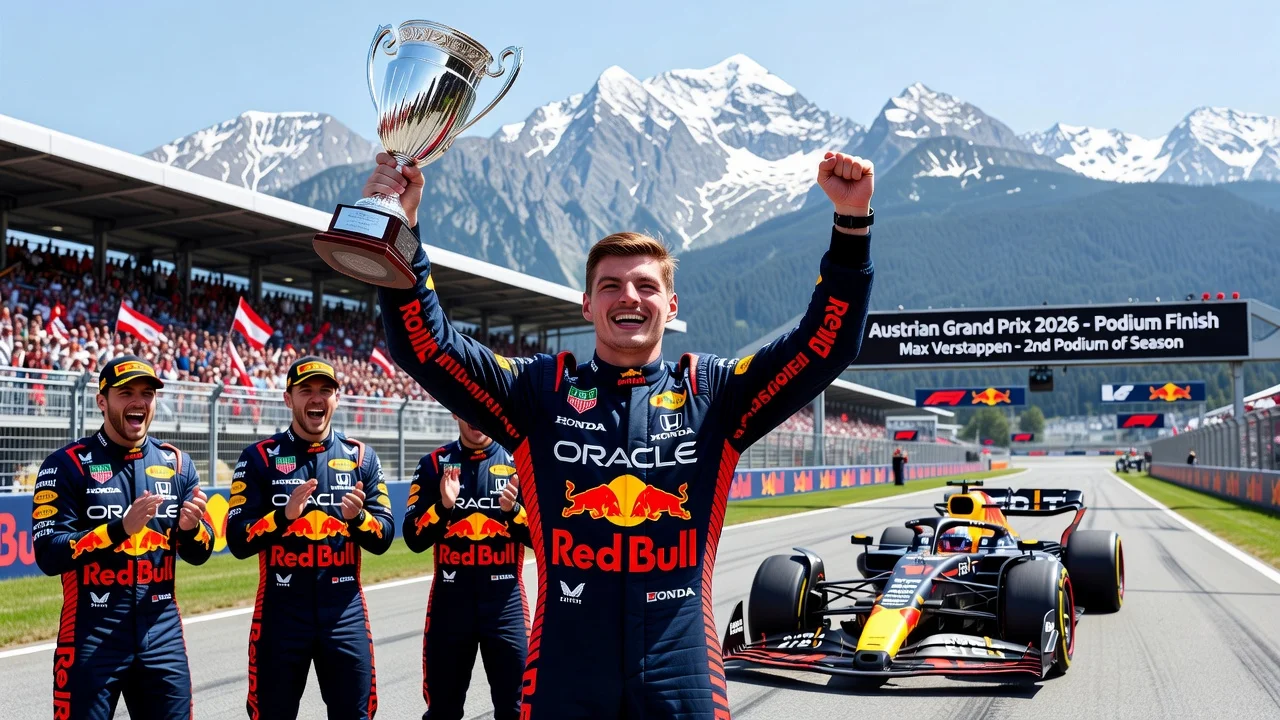 Max Verstappen celebrating on the podium at the Austrian Grand Prix