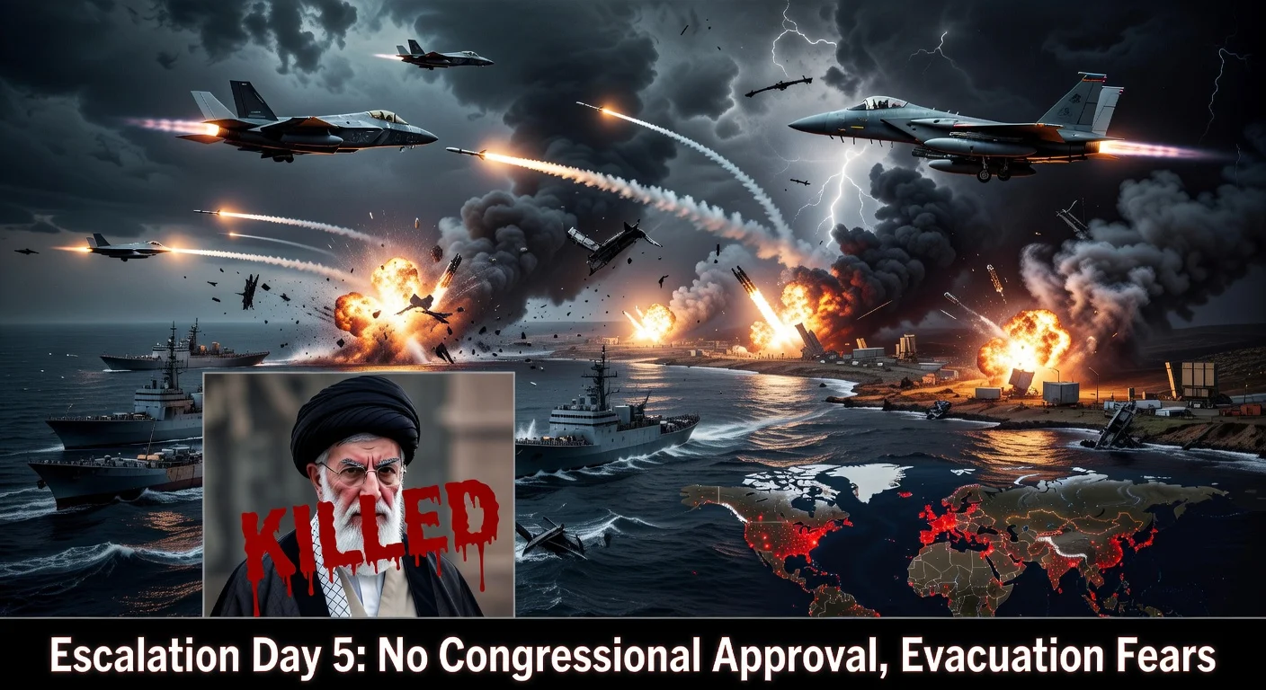 Dramatic illustration of US and Israeli airstrikes on Iranian naval and missile targets in the Persian Gulf, with inset of slain Supreme Leader Ayatollah Ali Khamenei, amid day five of Operation Epic Fury.