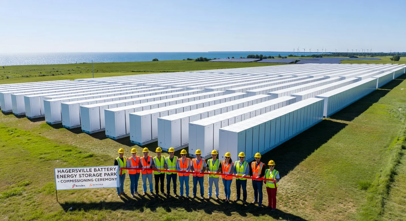 Aerial view of Hagersville Battery Energy Storage Park, Canada's largest facility with 334 Tesla Megapacks, near Lake Erie, during commissioning by Boralex and Six Nations.