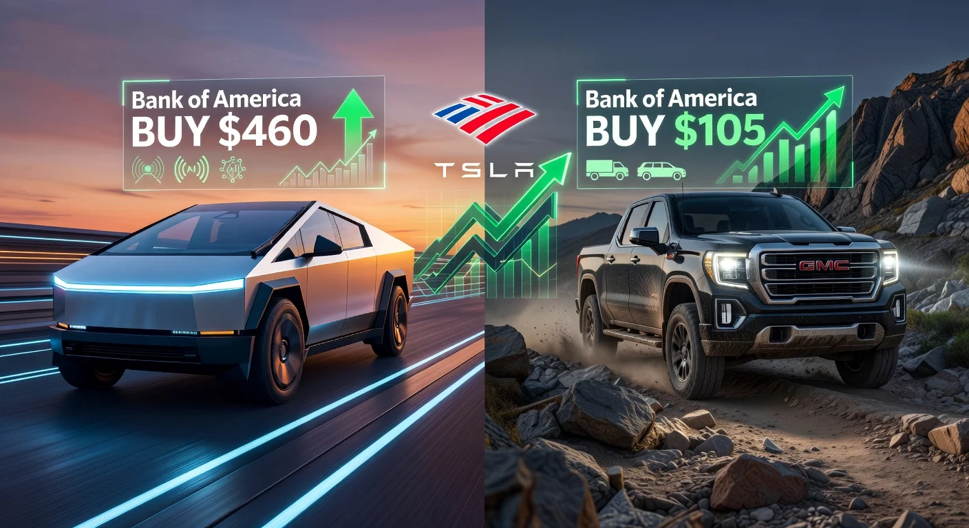 Split-image illustration of Bank of America's buy ratings for Tesla ($460 target, autonomous tech) and General Motors ($105 target, trucks/SUVs profitability), with logos and rising stock charts.