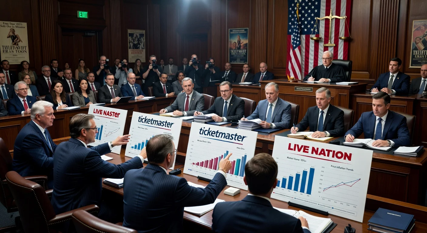 Dramatic courtroom scene of DOJ prosecutors accusing Live Nation of monopoly during antitrust trial opening in New York.