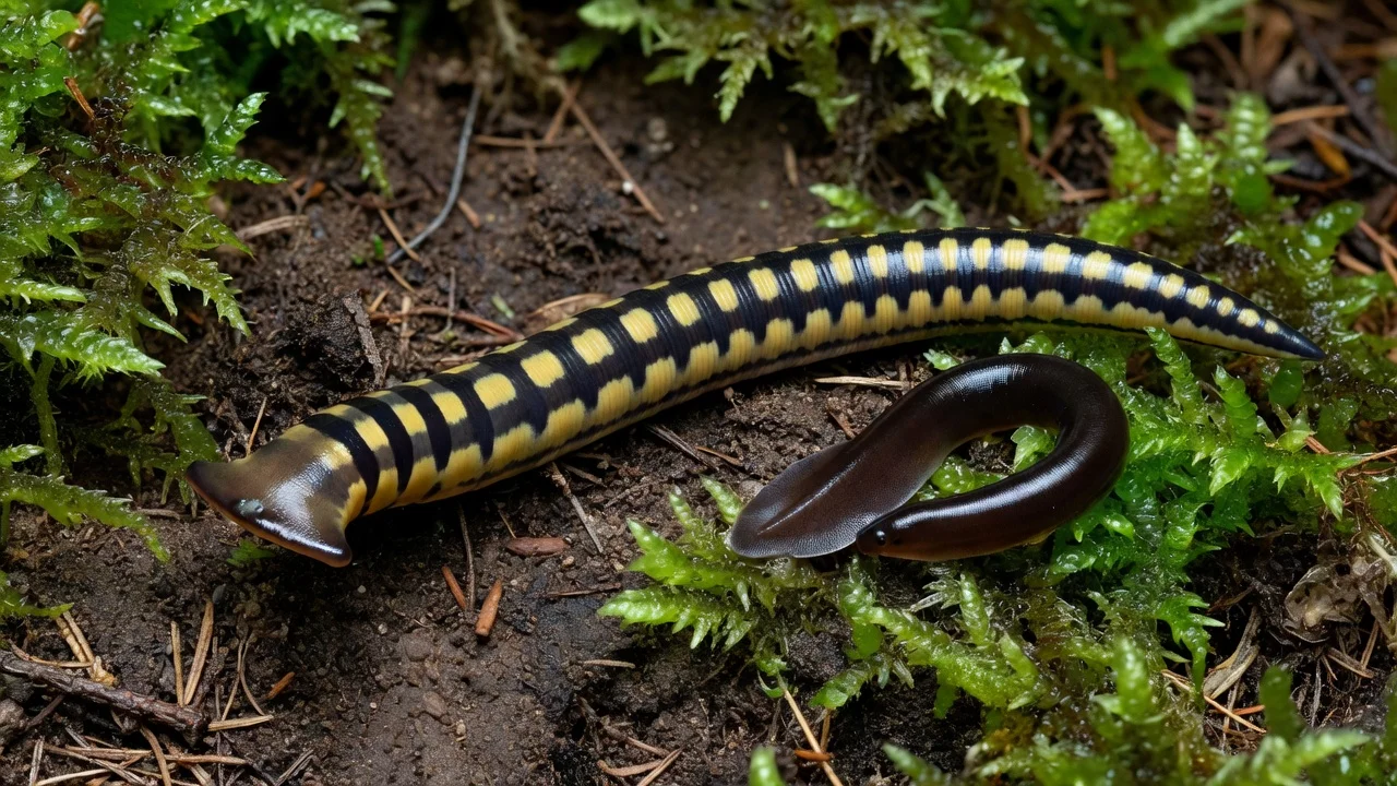 Photorealistic illustration of invasive flatworms including the Asian hammerhead worm discovered in Sweden.