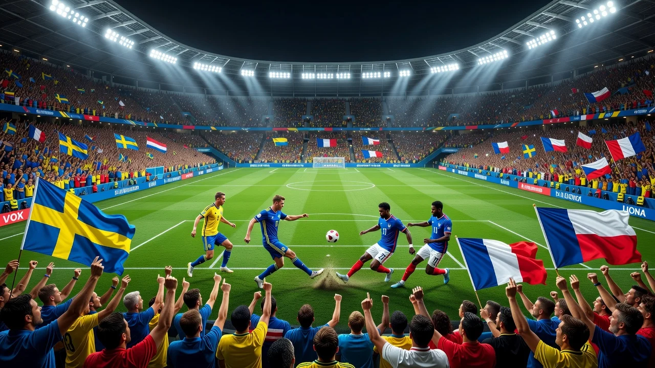 Illustration of Sweden versus France World Cup round of 16 match in a crowded stadium