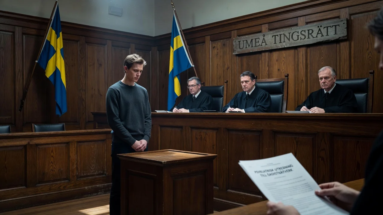 A young man in a Swedish courtroom during a psychiatric evaluation hearing related to serious criminal charges.