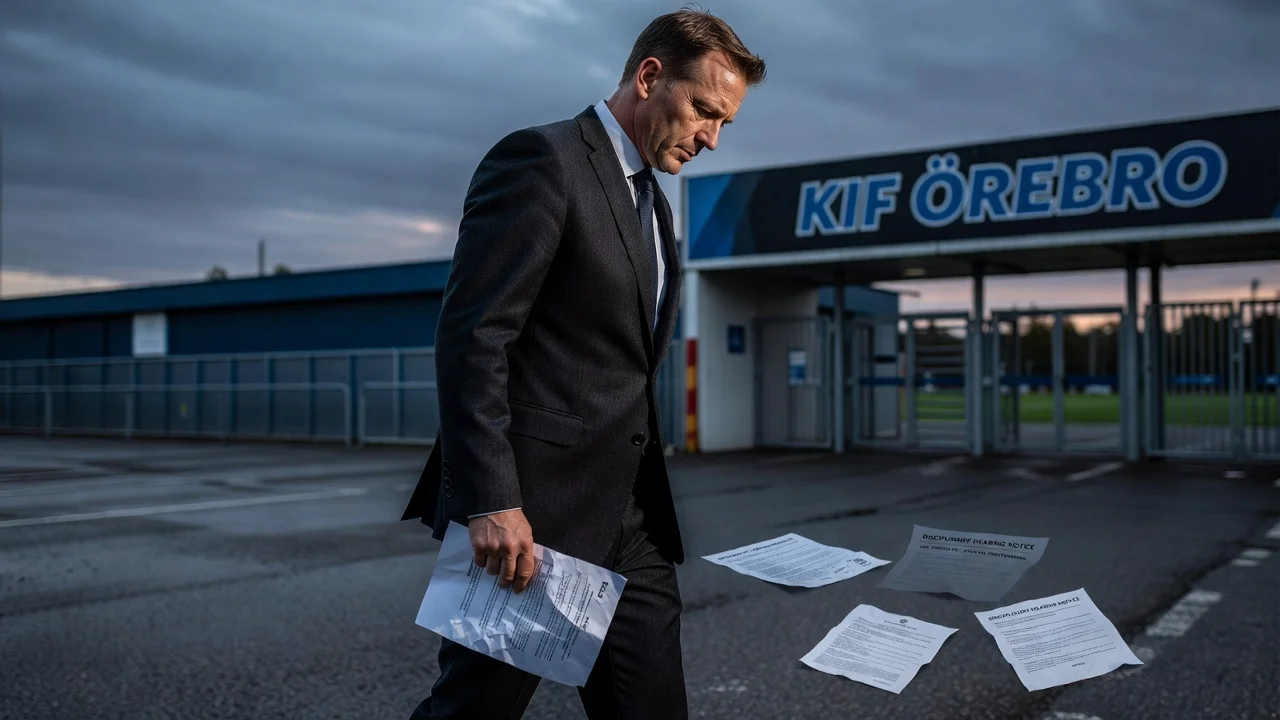 A dejected football coach walking away from KIF Örebro stadium after contract termination.
