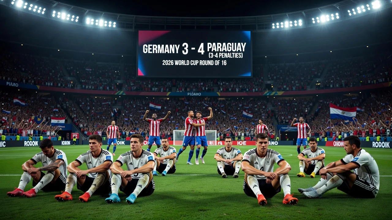 Dejected German soccer players after elimination by Paraguay in the 2026 World Cup round of 16 penalty shootout.