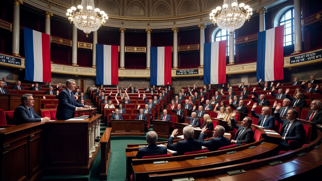 Illustration of French deputies voting on assisted dying bill in the National Assembly.
