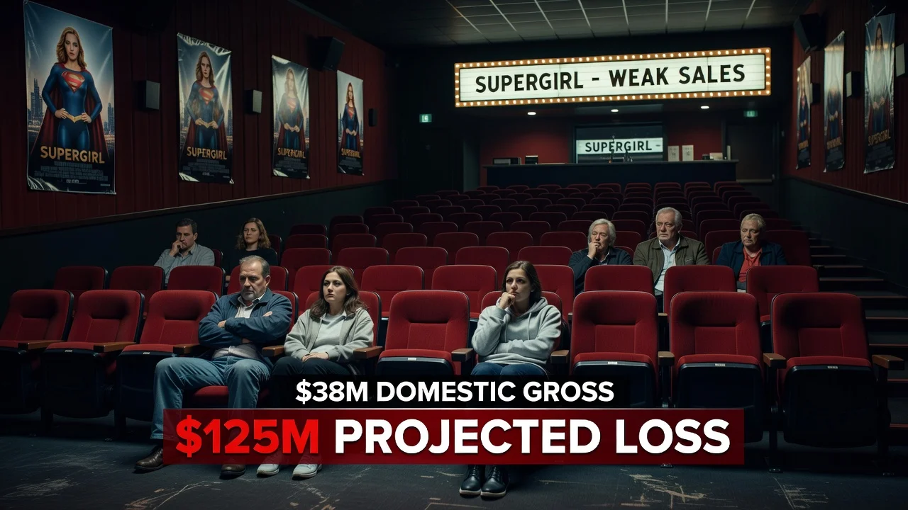 Illustration of an empty movie theater showing Supergirl's poor box office results with financial loss indicators.