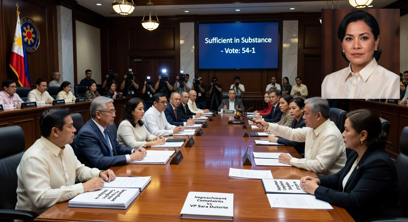 House Justice Committee votes 54-1 to advance impeachment complaints against VP Sara Duterte, gavel striking amid documents and vote tally.