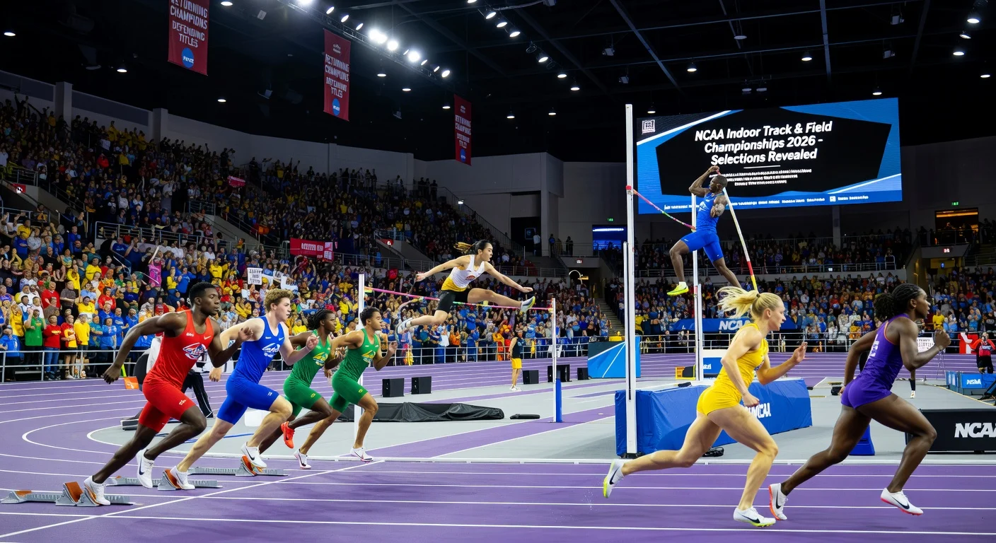 Dynamic illustration of athletes competing in the NCAA 2026 indoor track and field championships arena, celebrating the selections announcement.