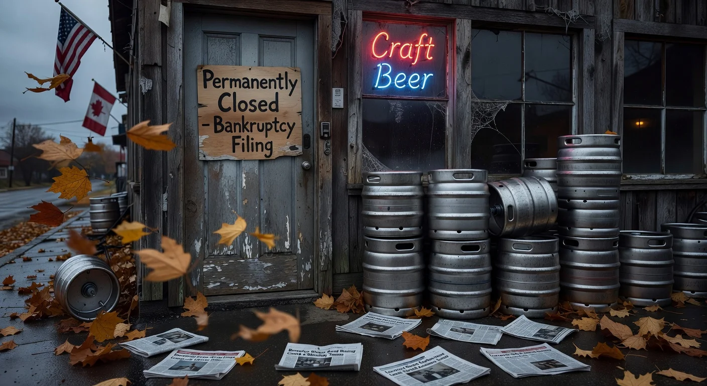 Shuttered craft brewery exterior with closure signs, empty kegs, and headlines symbolizing North American industry struggles.