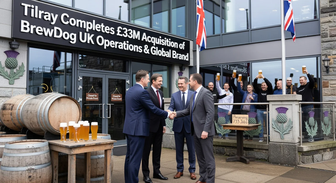 Photorealistic illustration of Tilray Brands' executives sealing £33M BrewDog UK acquisition deal outside a brewery, with workers celebrating job preservation.