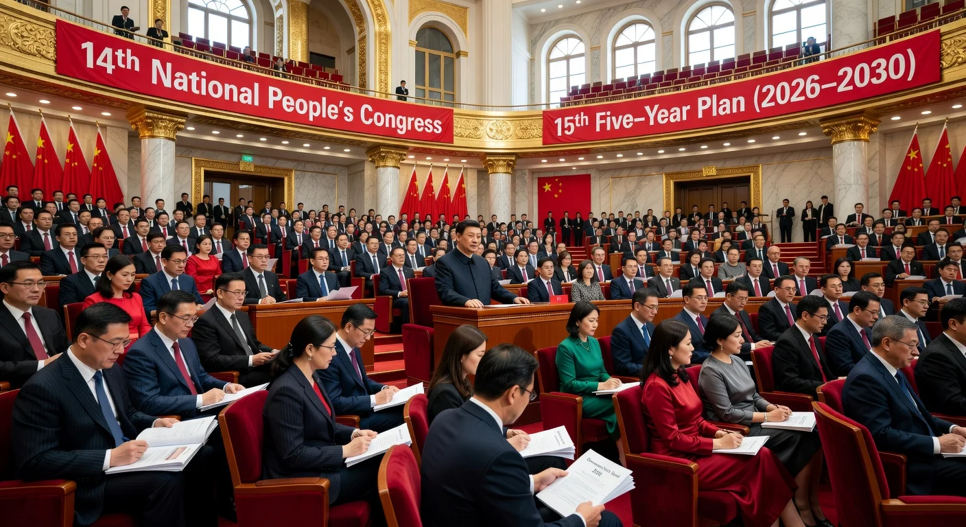 Photorealistic image of President Xi Jinping and delegates at China's Two Sessions in Beijing, deliberating the 15th Five-Year Plan amid grand banners and flags.