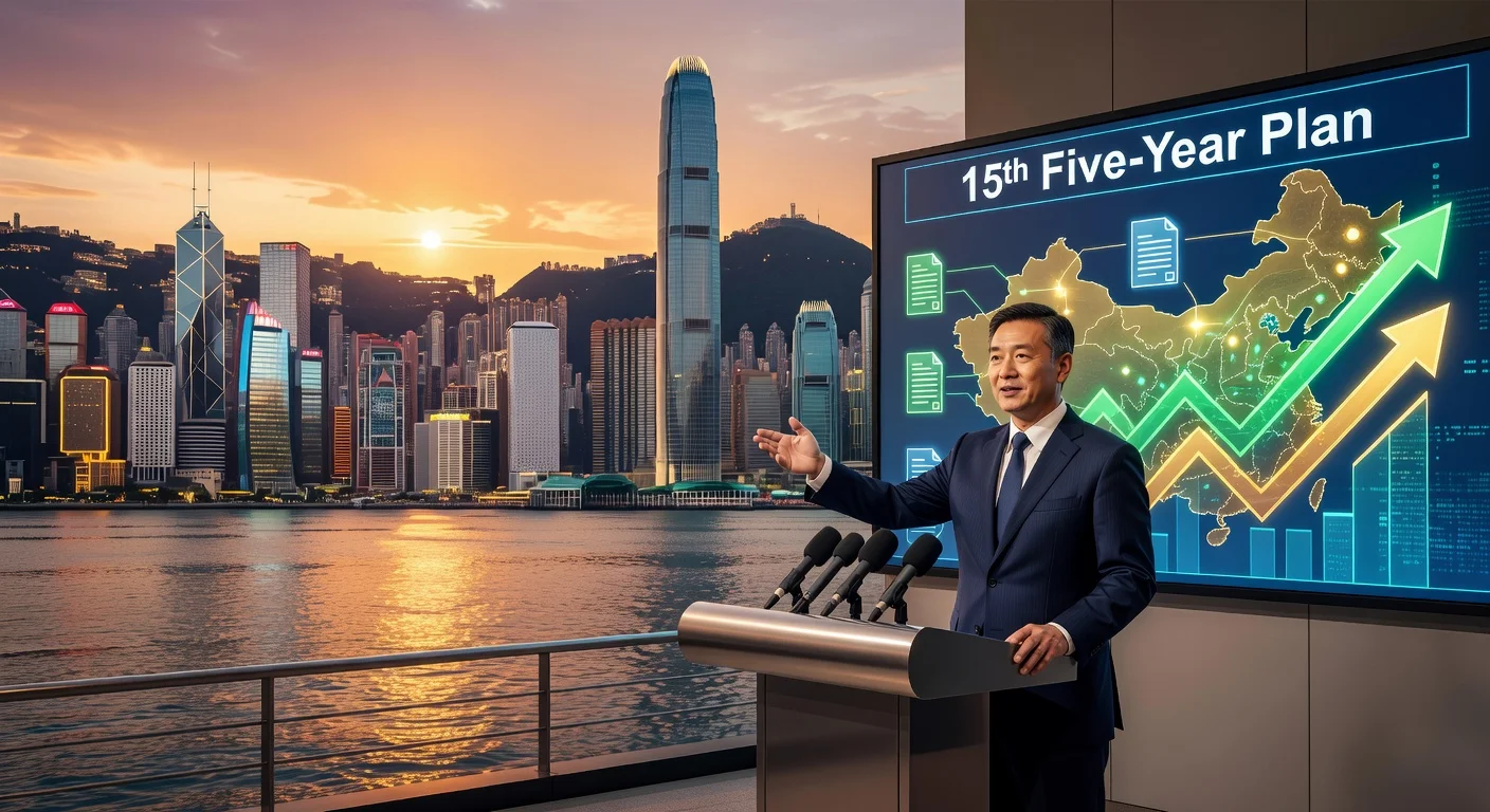 Illustration of China's central authorities announcing supportive policies for Hong Kong in the 15th Five-Year Plan, featuring skyline and press conference.