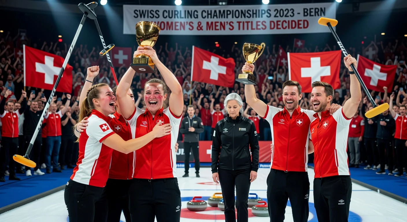 Xenia Schwaller and Marco Hoesli celebrate Swiss curling titles on rink as Silvana Tirinzoni looks uncertain.