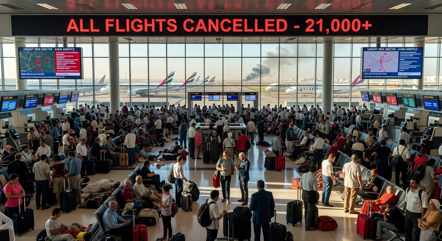 Stranded crowds at Dubai airport amid 21,000+ flight cancellations due to Middle East conflict.
