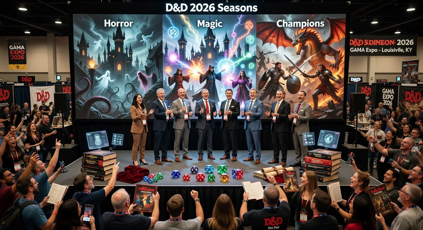 Wizards of the Coast unveils D&D 2026 seasonal roadmap on stage at GAMA Expo, screen showing Horror, Magic, and Champions themes amid cheering crowd.