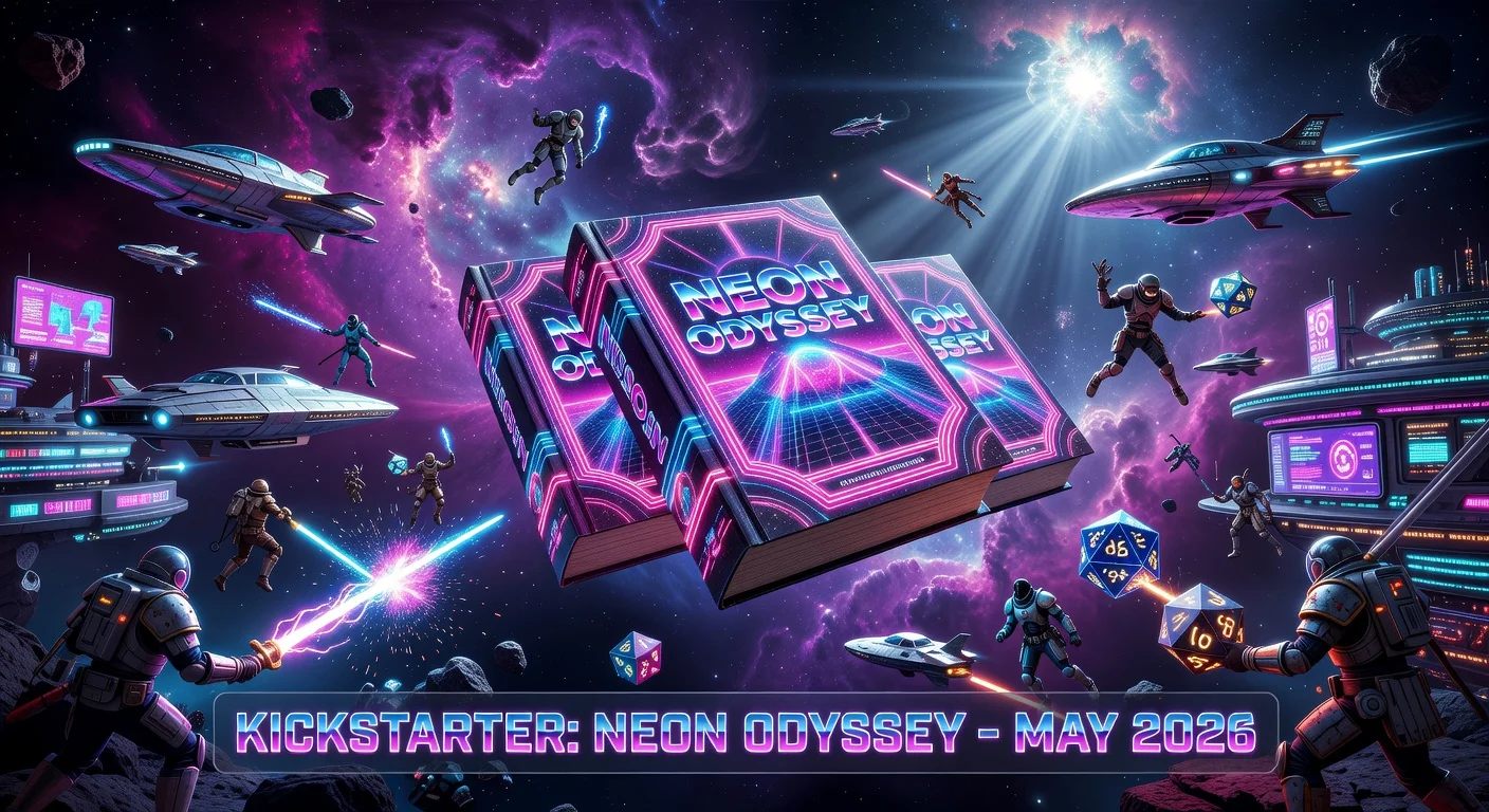 Photorealistic illustration depicting Neon Odyssey D&D space opera books in a neon synthwave galaxy, announcing the May 2026 Kickstarter.