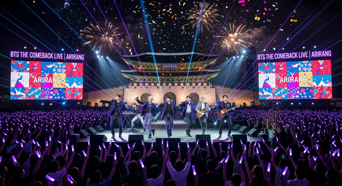 BTS performing live at Gwanghwamun Square for their 'THE COMEBACK LIVE | ARIRANG' concert, surrounded by cheering fans and promotional displays.