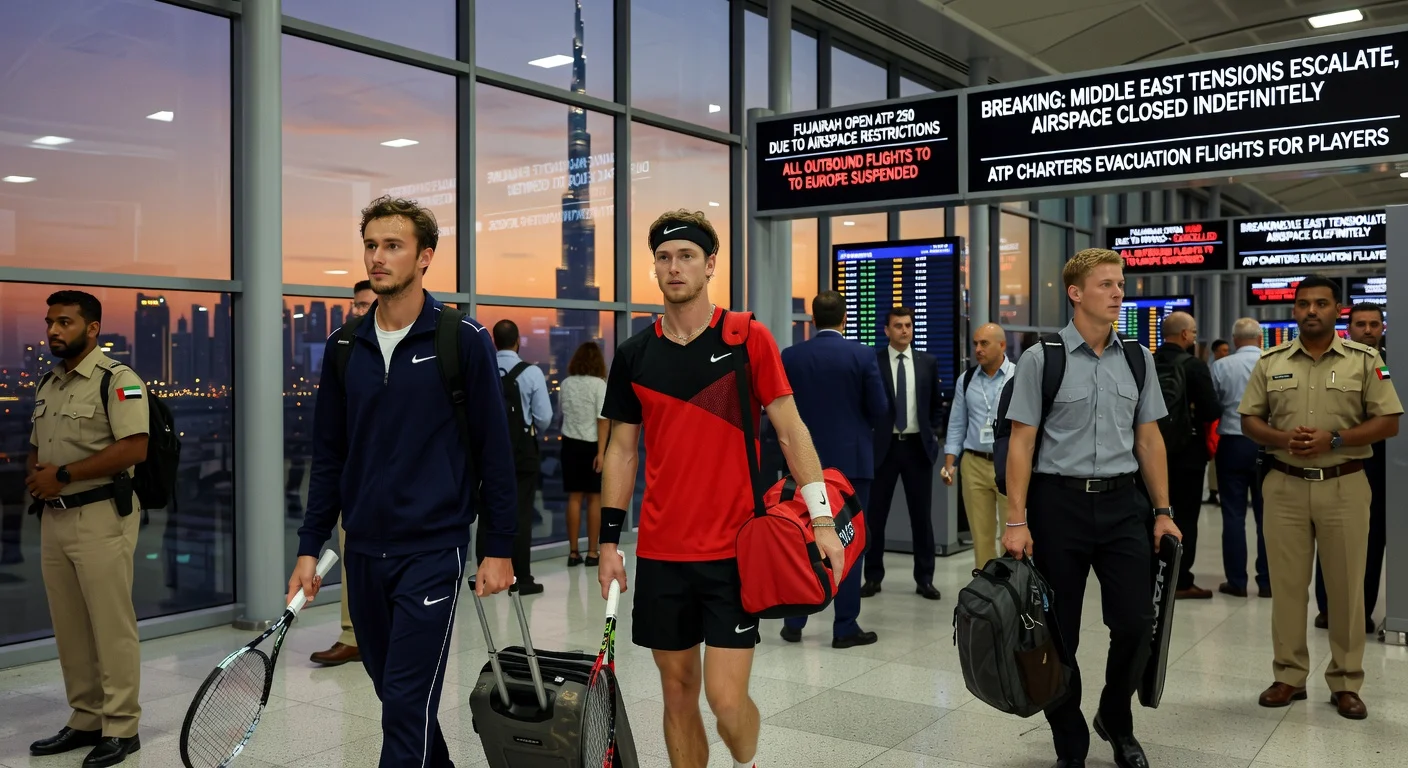 Tennis players including Medvedev and Rublev depart Dubai airport after conflict strands them; some remain waiting.