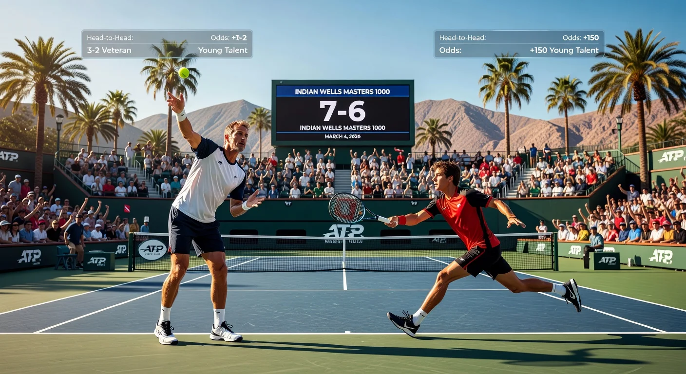 Dramatic illustration of a veteran tennis player serving against a young rival in a predicted close first-round match at the Indian Wells ATP Masters tournament under sunny desert skies.