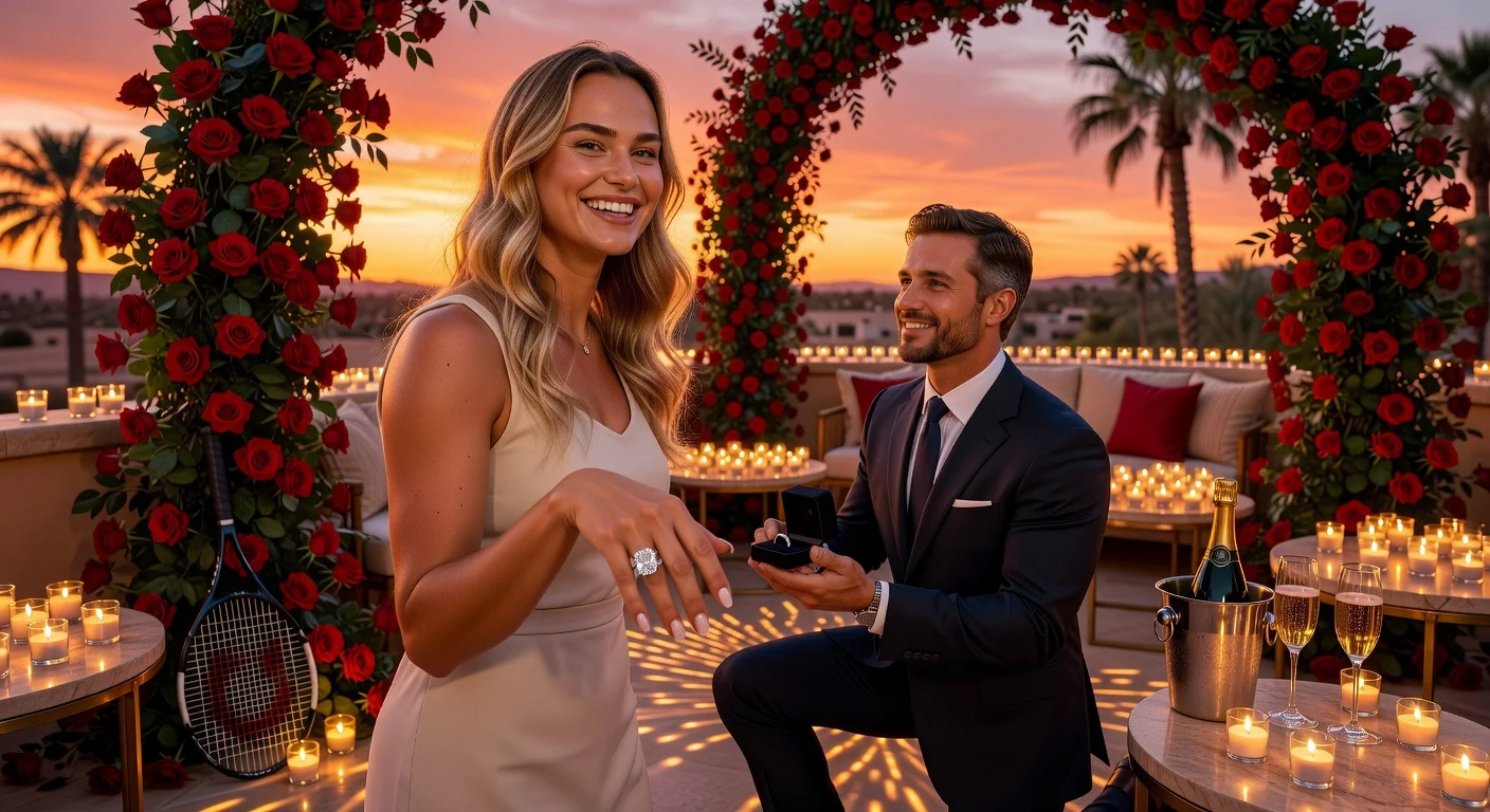 Aryna Sabalenka happily displaying her engagement ring with fiancé Georgios Frangulis amid romantic flowers and candles.