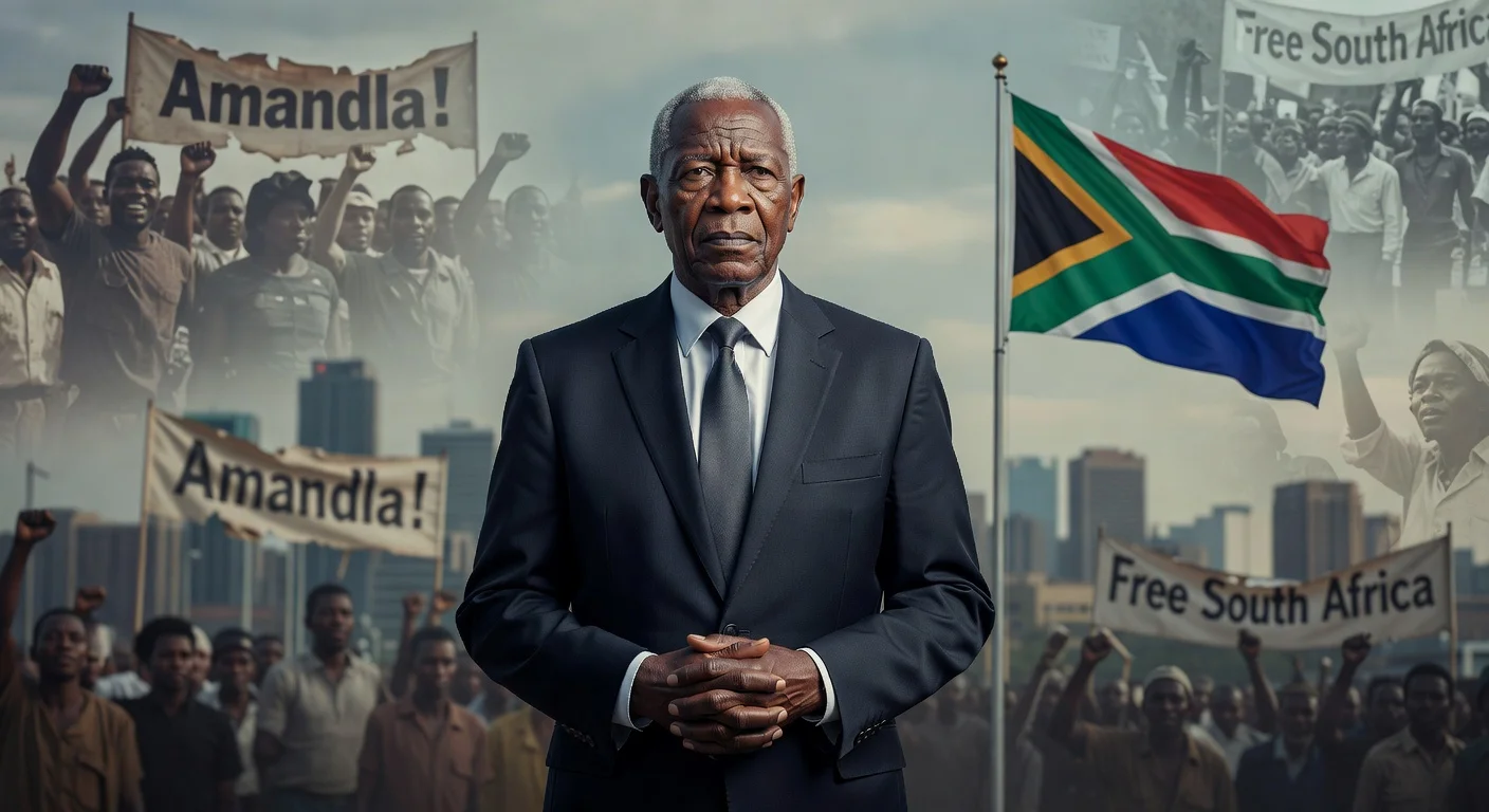 Portrait of anti-apartheid activist Mosiuoa Lekota in a commemorative news illustration highlighting his legacy.