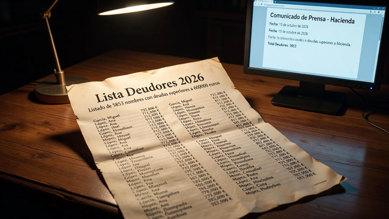 Realistic photo of tax debtor list documents from Hacienda on a desk with a computer, for a news article about publishing 5853 names.