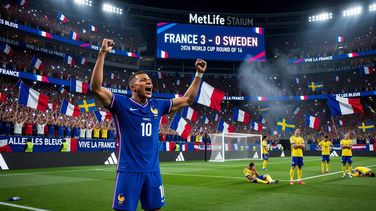 France's Kylian Mbappé celebrates scoring in a 3-0 victory over Sweden in the World Cup round of 16 at MetLife Stadium.