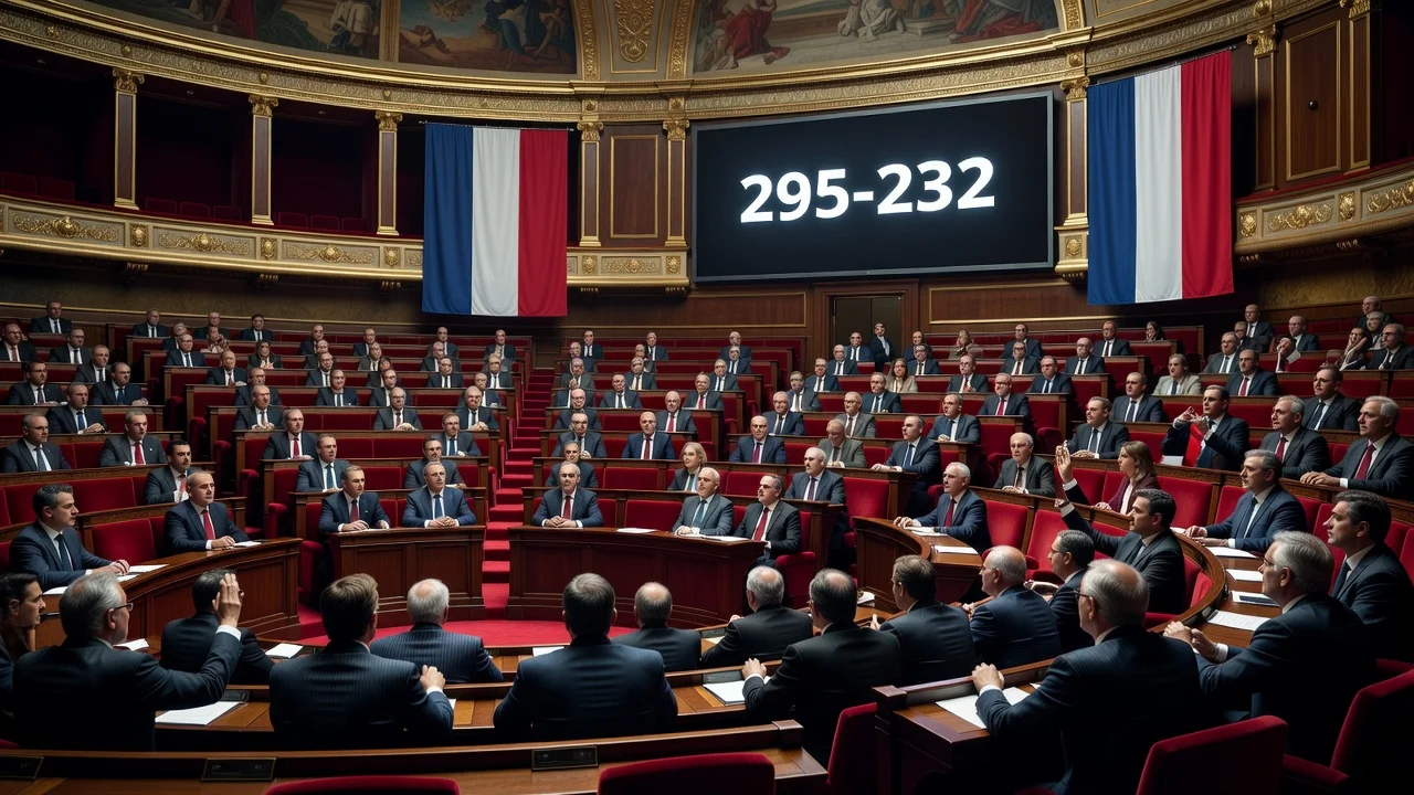 Deputies voting in the French Assembly on euthanasia legislation with vote results displayed.