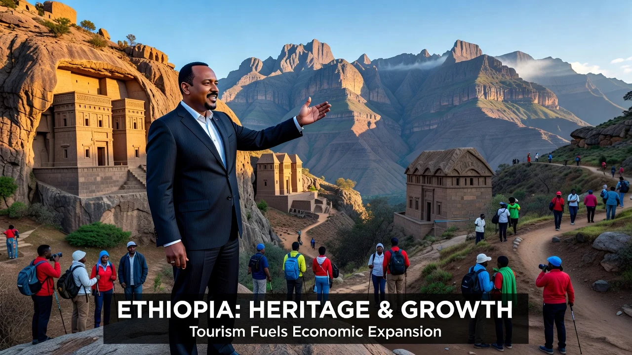 Prime Minister Abiy Ahmed highlighting Ethiopia's tourism potential amid iconic heritage and natural sites.