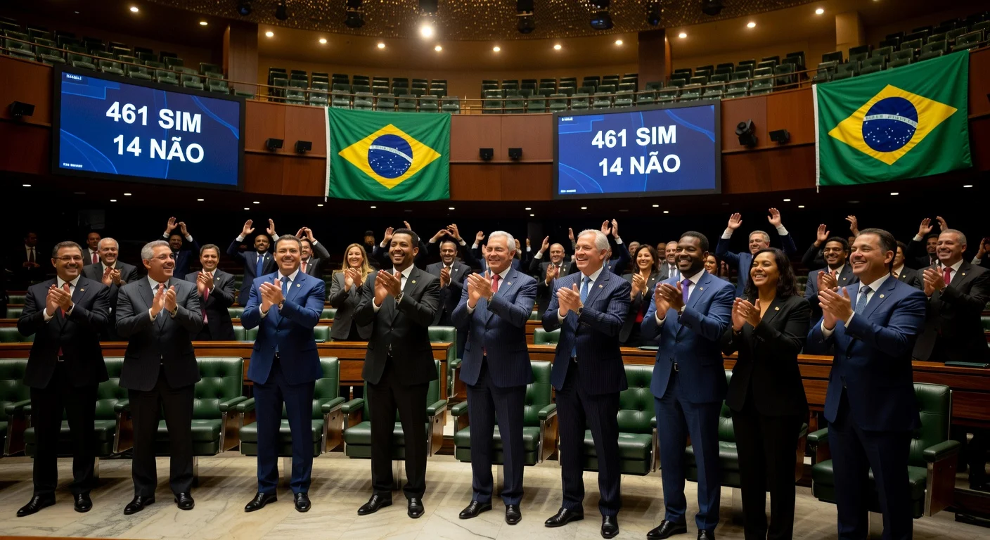 Brazilian deputies applauding the overwhelming approval of the Public Security PEC (461-14) in the Chamber of Deputies chamber at night.