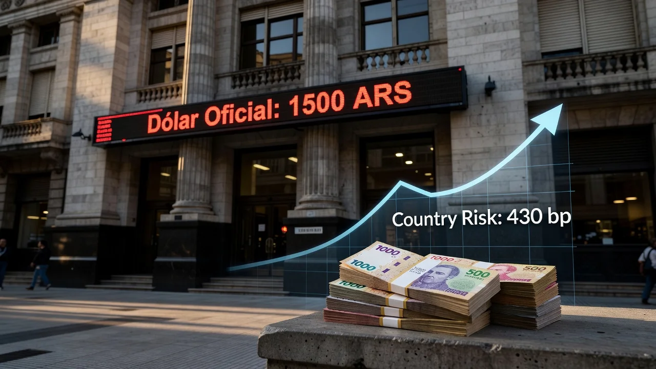 Illustration of Argentine peso exchange rate at 1500 pesos with Banco Nación and financial graphs.
