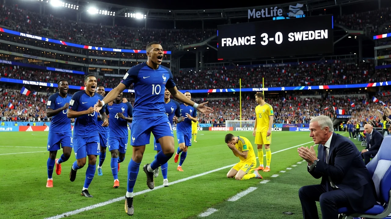 Kylian Mbappe and the French team celebrating their 3-0 World Cup win against Sweden at MetLife Stadium.