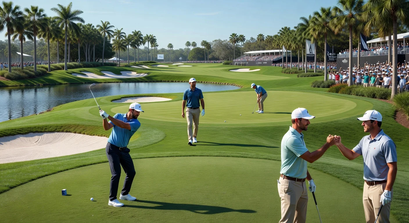 Photorealistic scene of Scottie Scheffler teeing off at the Arnold Palmer Invitational, with Justin Thomas, Collin Morikawa, and underdogs Joel Dahmen and Austin Smotherman at Bay Hill golf course.