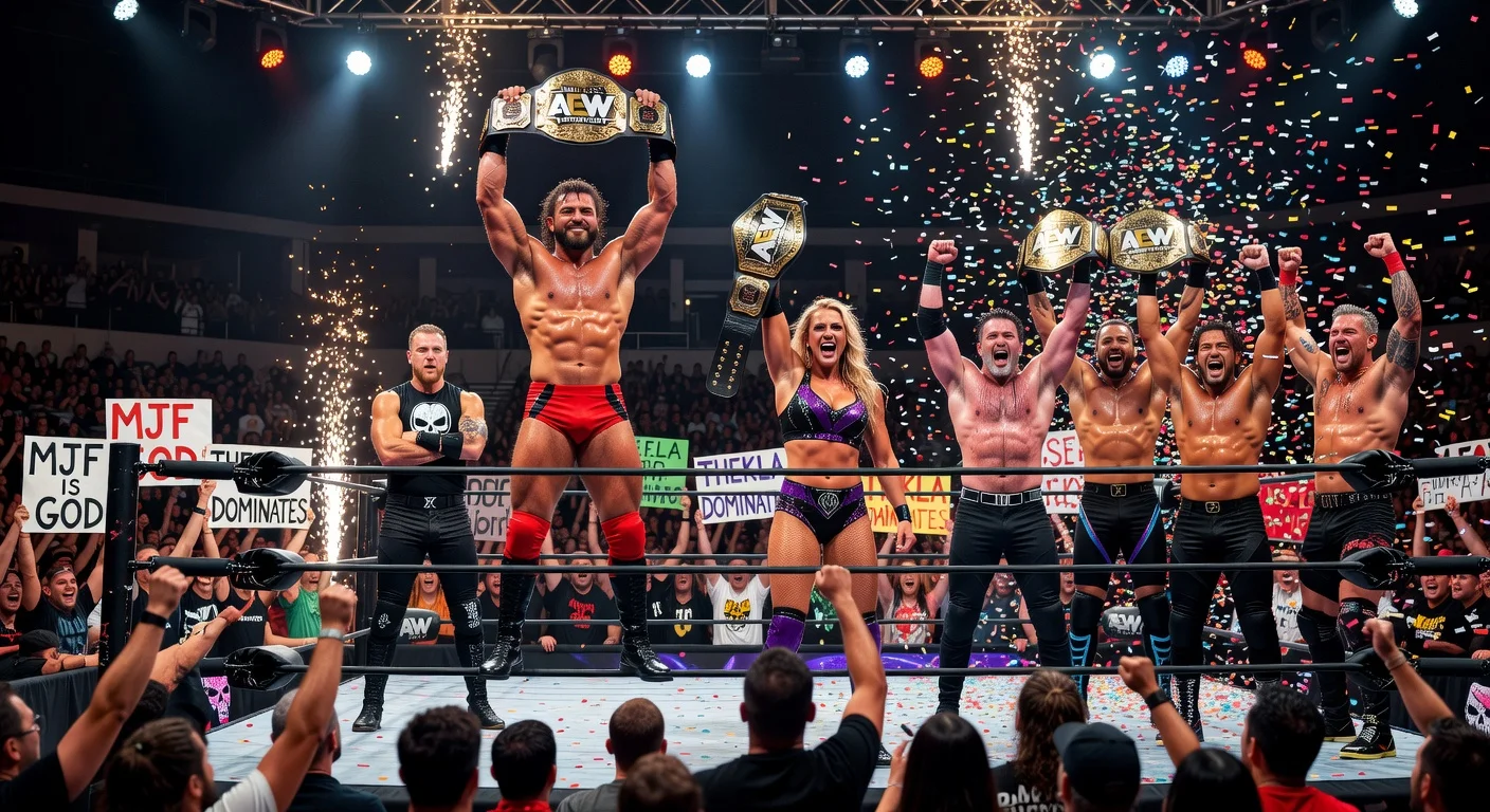 Dramatic illustration of AEW Dynamite highlights: MJF and Thekla retain world titles, Don Callis Family captures Trios Championships, David Finlay debuts in El Paso.