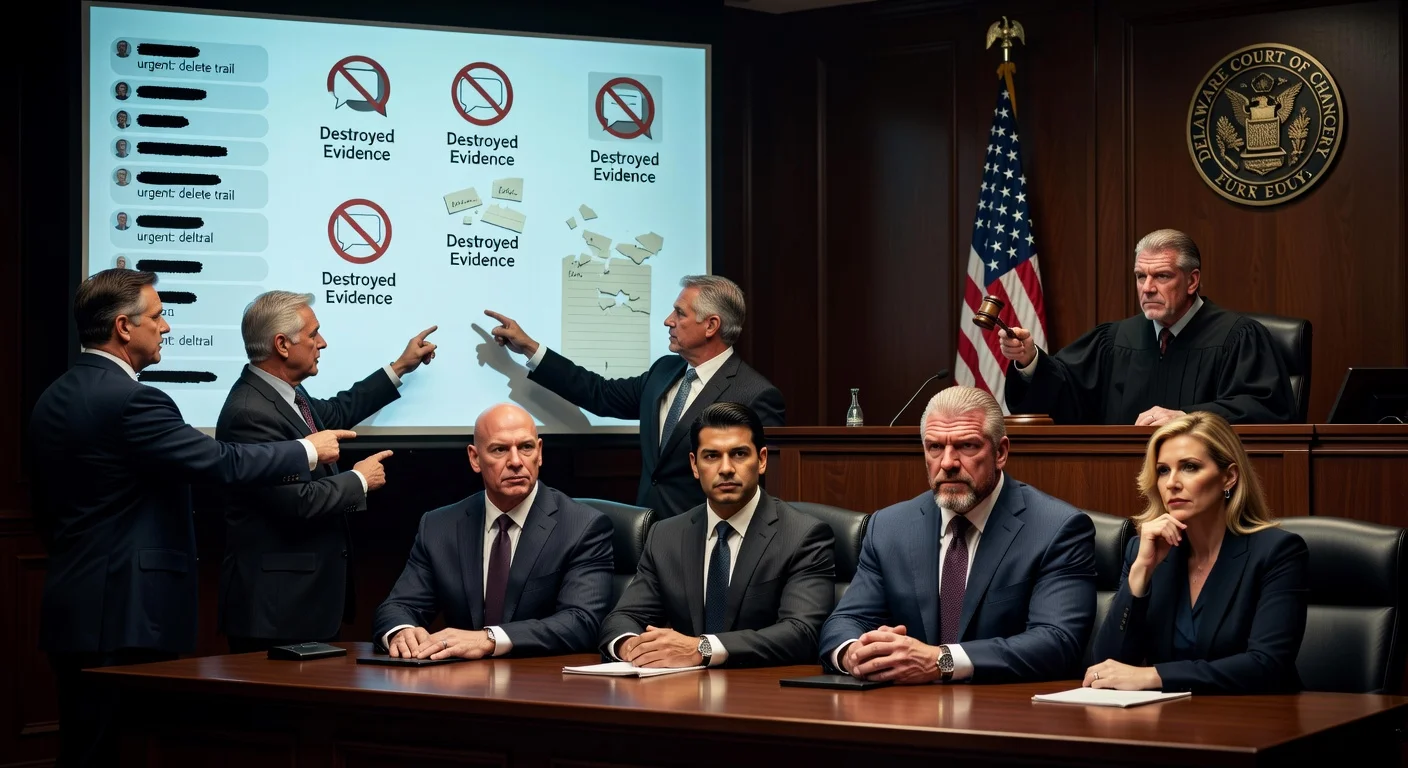 Dramatic courtroom scene of WWE executives Vince McMahon, Nick Khan, Triple H, and Stephanie McMahon accused of destroying evidence in merger lawsuit.