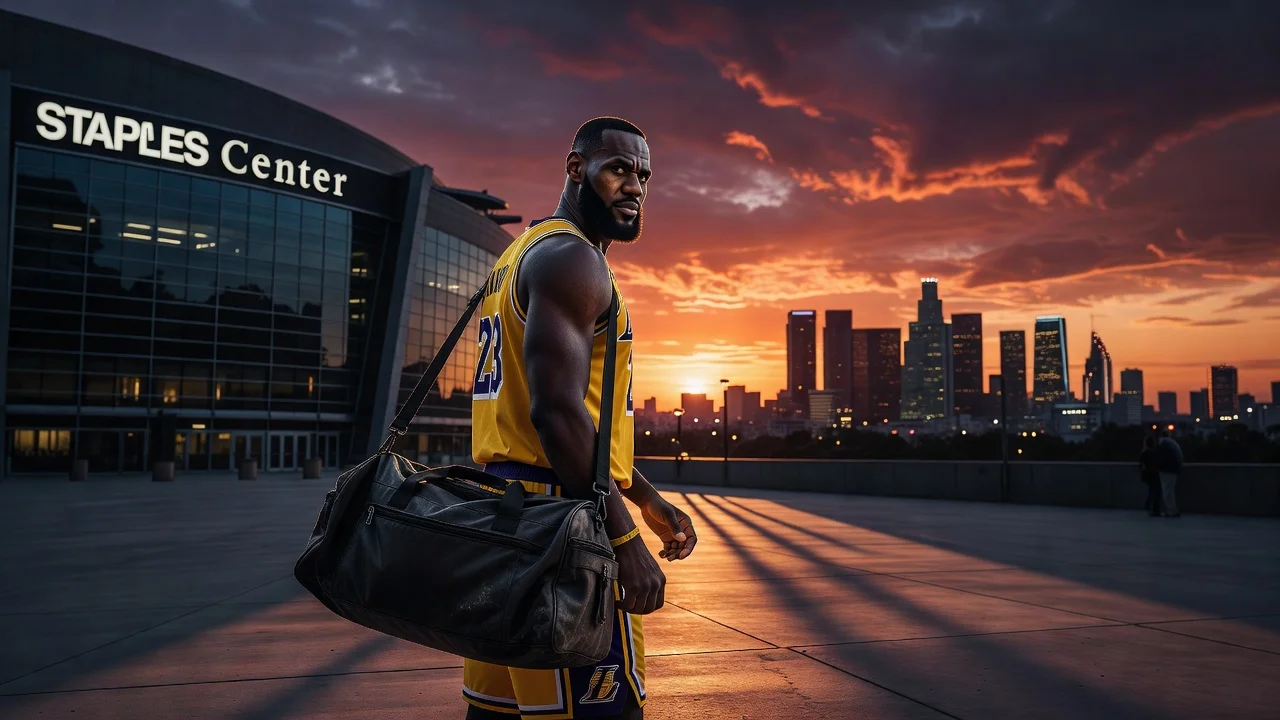 LeBron James departing the Lakers arena at sunset, symbolizing his free agency decision.
