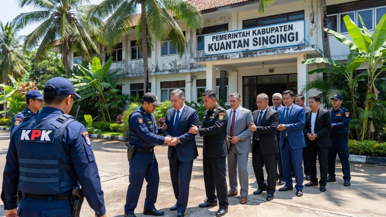 KPK agents detaining officials in a corruption sting operation in Riau, Indonesia.