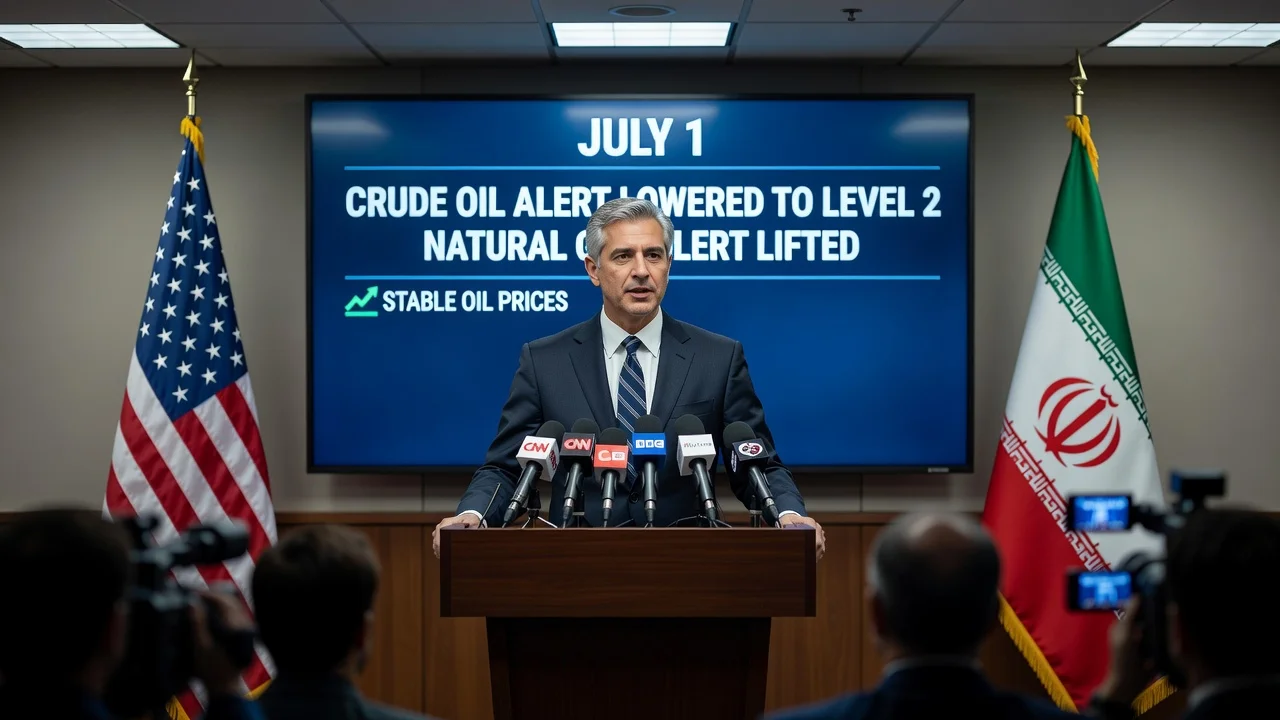 Illustration of a press conference announcing lowered crude oil security alert levels.