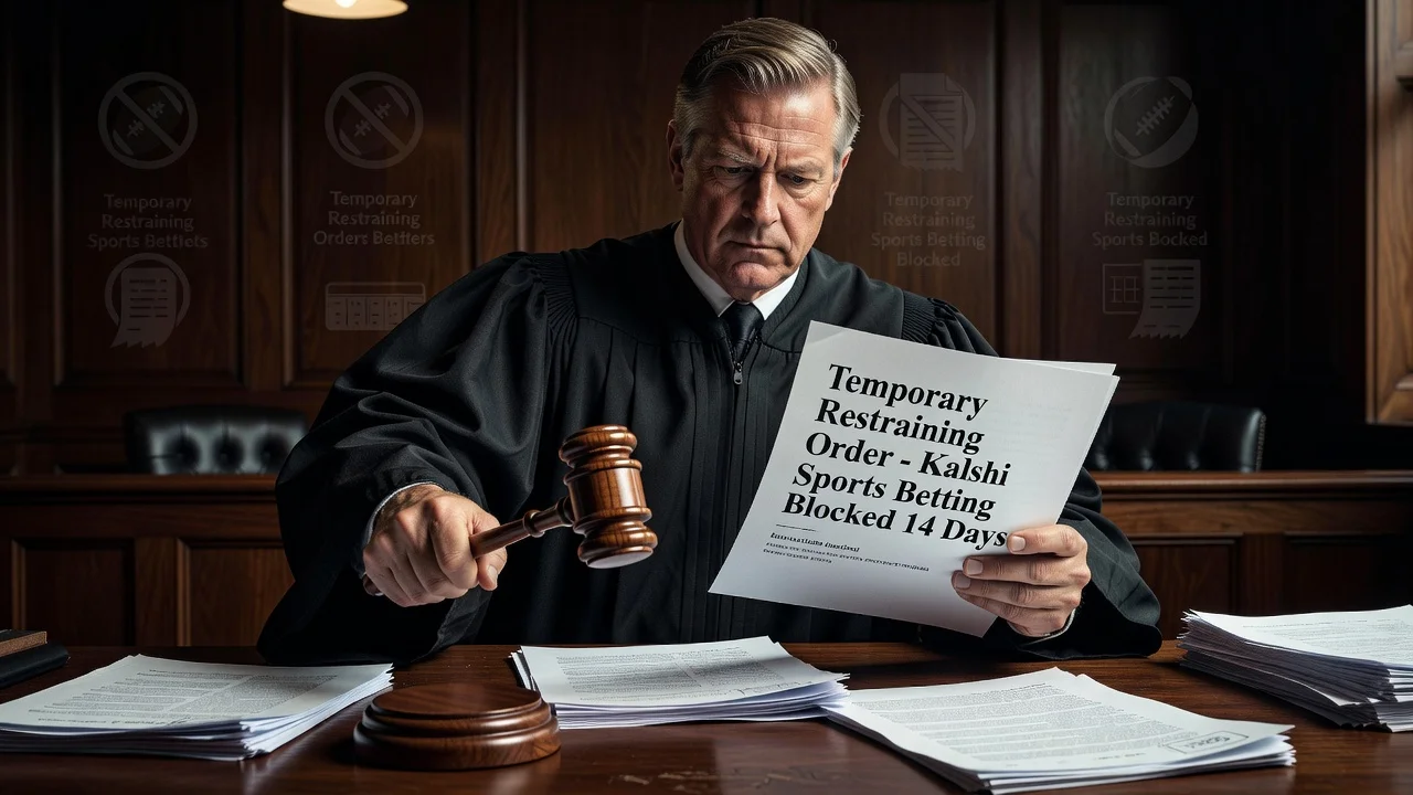 A Michigan judge issuing a restraining order blocking Kalshi from sports betting contracts in a courtroom setting.