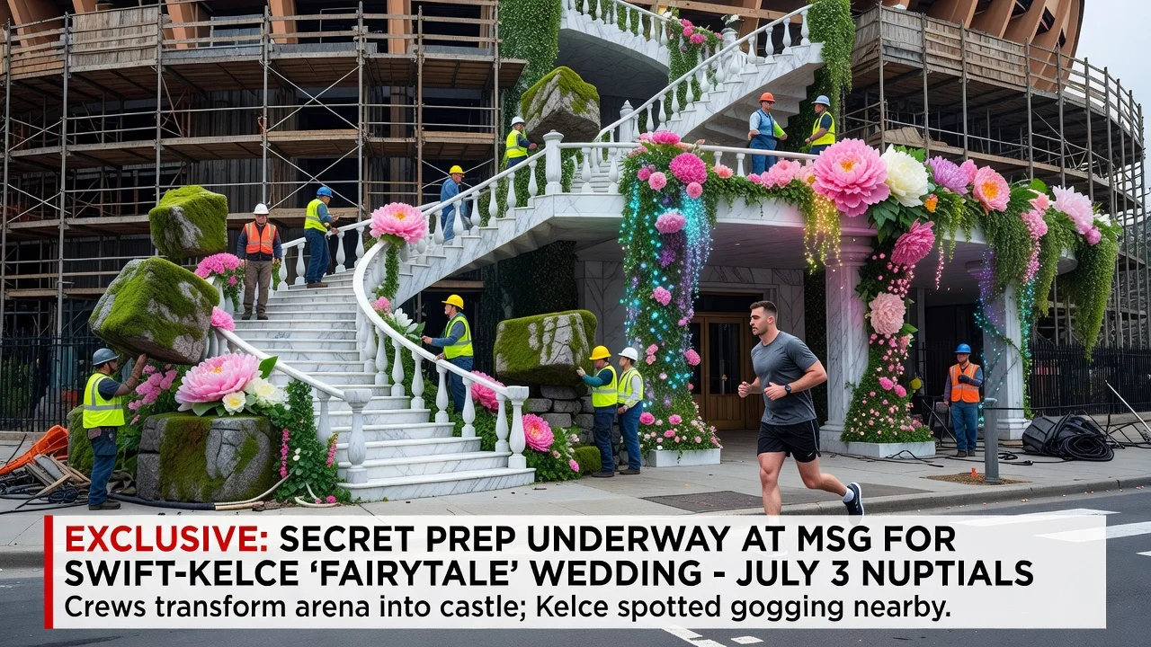 News illustration of Madison Square Garden prepared as a fairytale castle for Taylor Swift and Travis Kelce's wedding, with crews and Travis jogging.