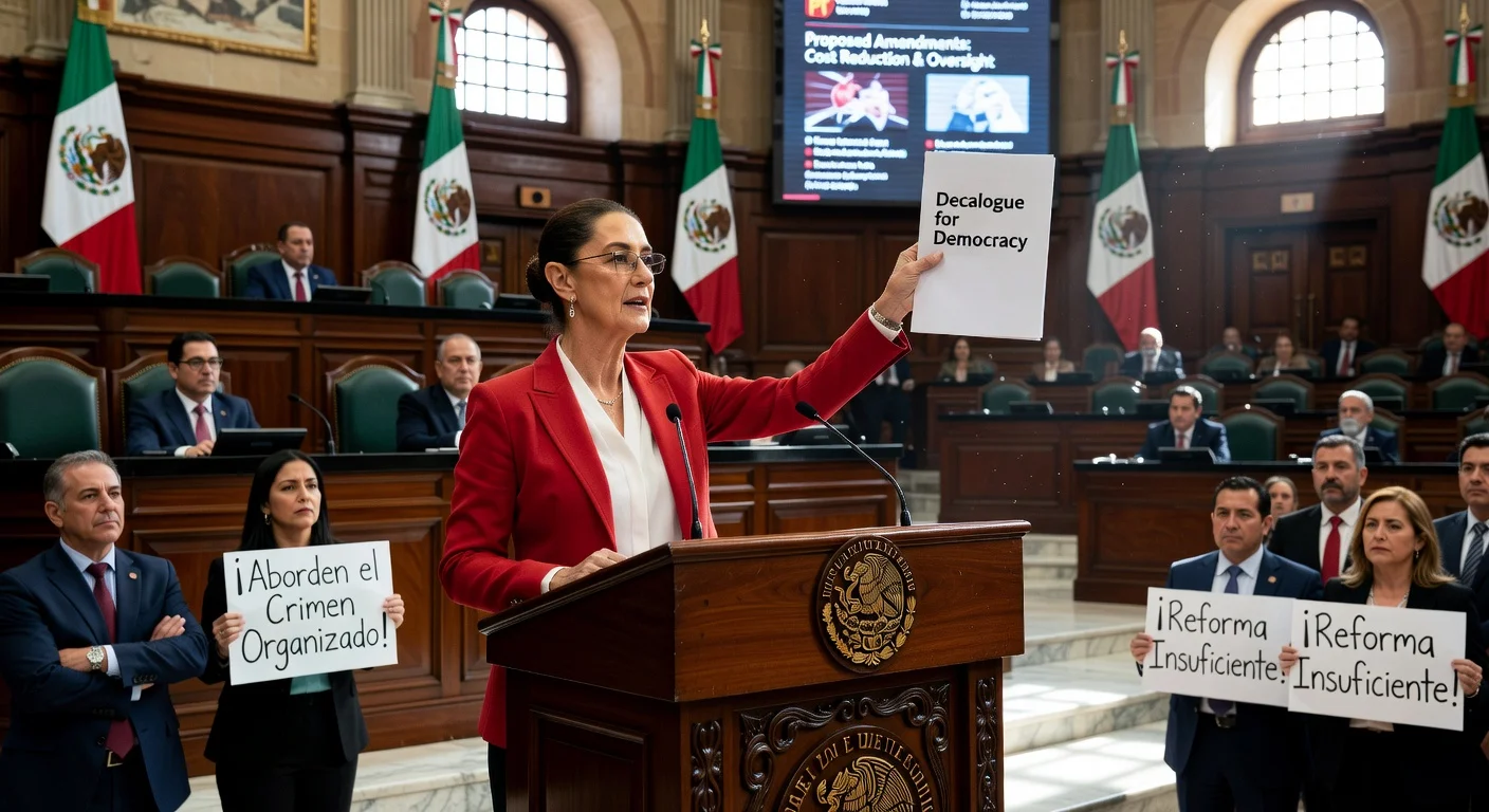 President Claudia Sheinbaum presents 'Decalogue for Democracy' electoral reform at the Chamber of Deputies amid opposition criticism over organized crime concerns.
