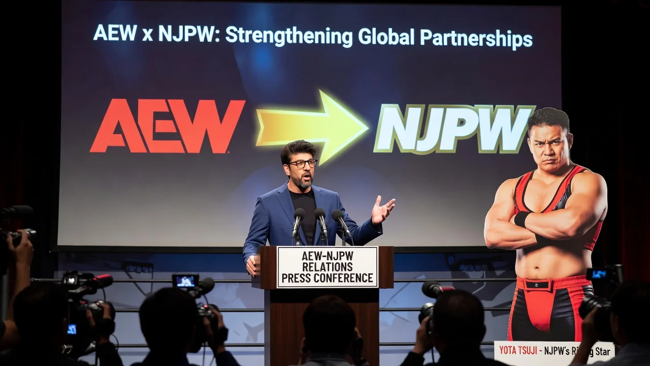 Illustration of Tony Khan addressing the media regarding AEW and NJPW.