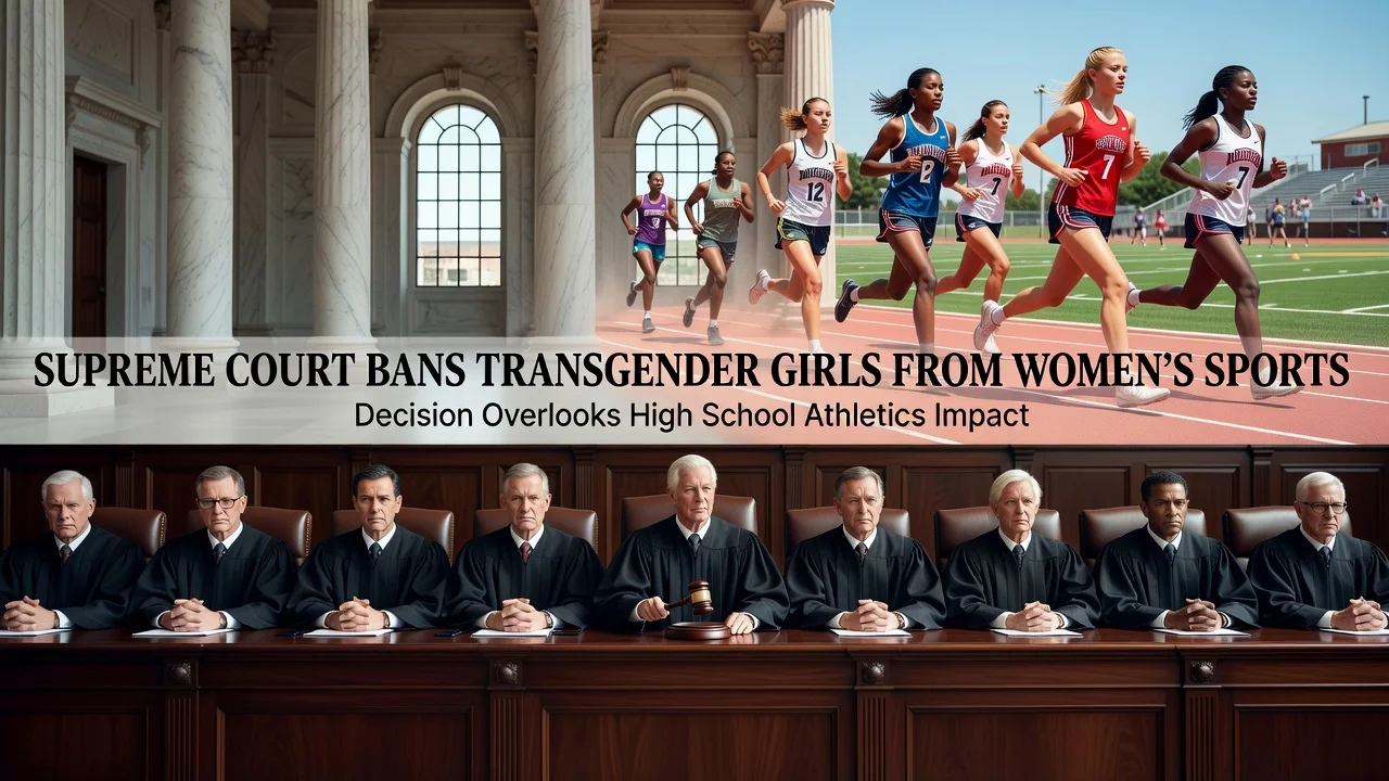 Illustration of Supreme Court justices and female athletes representing the ruling on transgender sports bans.