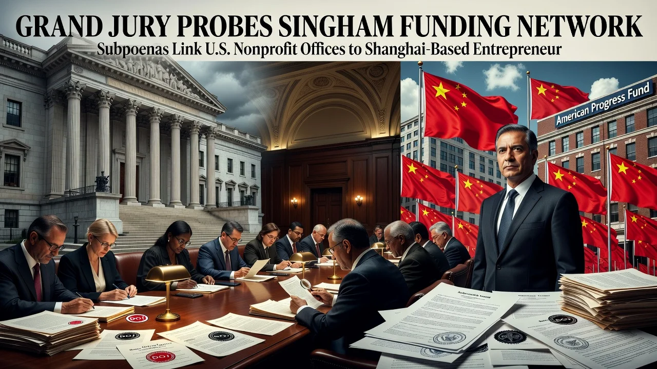 Illustration of a DOJ grand jury investigation into Neville Roy Singham's funding network and China-linked messaging.